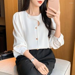 Women's Blouses Hollow Out Shirt Women Tops Autumn Long Sleeve Blouse Fashion Office Lady Chic Round Collar Solid Color Loose Clothes 28604
