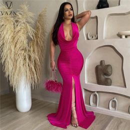 Casual Dresses VAZN 2023 Top Quality Young Sweet Sexy Party Solid Pleated Halter Off Shoulder Backless High Waist Women Long Mermaid Dress