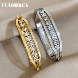 Bangle FLASHBUY Design Gold Colour Stainless Steel Bangles Bracelets for Women Inlaid Zircon Square Geometric Waterproof Jewellery 230814