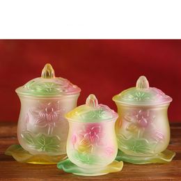 Decorative Objects Relief Glass Lotus Water Cup Holy Household God of Wealth Offering Buddha Hall 230815