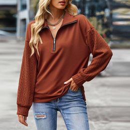 Women's Blouses Elegant V Neck Zipper Stitched Shirt Blouse Fashion Autumn Casual Turndown Collar Soild Jacket Blusa Mujer