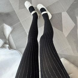 Women Socks Women's Striped Shiny Bright Silver Wire Pantyhose Black Sexy Luruxy Knit Tights Female Fashion Bottom Underwear Pantihose