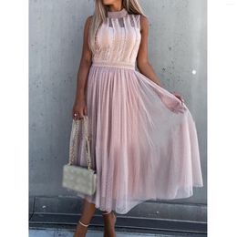 Casual Dresses Summer Solid Tanks Dress O Neck Long Sleeveless A Line Loose Party Streetwear Pleated High Waist Maxi