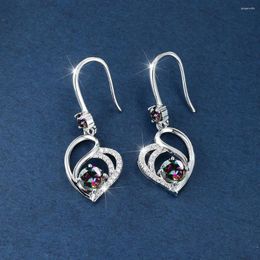 Dangle Earrings Rainbow Blue Green Red Pink Black Stone Heart Drop For Women Silver Color Round Zircon Wedding Engagement Jewelry Gifts