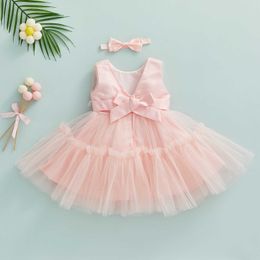 Girl's Dresses Kids Girls Formal Dress Summer Baby Girl birthday Party Solid Colour Sleeveless Ruffled Mesh Bowknot Dress+Headband