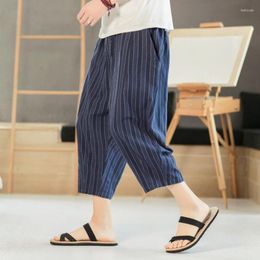 Men's Pants Summer Linen Striped Trousers Casual Loose Straight-leg Cropped Large Size Thin Cotton Wide-leg Pant Male Clothes