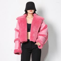 Women's Fur Leather And Integrated Thickened Jacket For Women Winter Lapel Solid Color Patchwork Lamb Wool Short