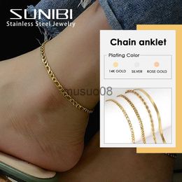 Anklets SUNIBI Stainless Steel Figaro Link Chain Anklets for Women Leg Cuban Ankle Hip Hop Rapper Foot Jewellery Wholesale/Dropshipping J230815