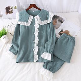 Women's Sleepwear 2023 Spring And Autumn Sweet Princess Style Suit Cotton Crepe Large Lapel Casual Shirt Cute Long-sleeved Trousers