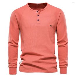 Men's T Shirts European Autumn/Winter Underlay Henley Neck Long Sleeve Waffle T-shirt Solid Color Foreign Trade Cotton