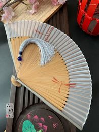 Decorative Figurines |Chinese Style Gray Dragonfly Solid Color Pure Silk Bamboo Fan Summer Japanese Folding Women Dance