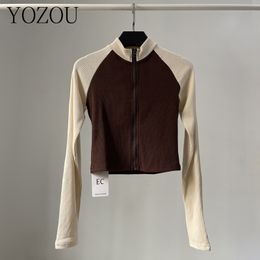 Womens Jackets YOZOU Spring Cotton Slim Ribbed Contrast Colour Long Sleeve Zip Up Crop Top Women Black White Beige Brown Tshirt Baby Tee Rave 230815