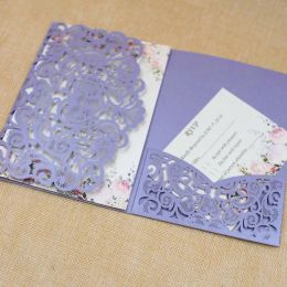 50sets Purple Romantic Wedding invitations with Rsvp Cards Party Decoration Card Wedding Bridal Birthday Invite Laser Cutting InvitationsZZ