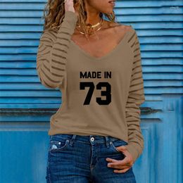 Women's T Shirts Made In 73 1973 50 Letter Print Loose T-shirt Women Stripe Long Sleeve Tshirt 50th Birthday Gift Spring Autumn Casual Tops