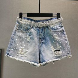Women's Shorts 2023 Summer Denim Diamond Beading Tassels Shiny Chic Short Empire Ripped Holes Slim Female Pant