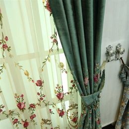 Curtain luxury Green velvet curtains for Living Room bedroom High-end embroidered floral tulle curtain sheer window treatment