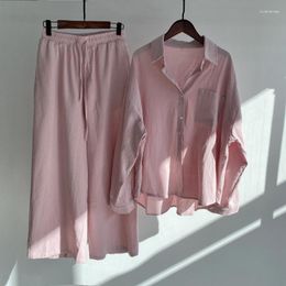 Women's Tracksuits 2-piece Retro Cotton Linen Solid Colour Shirt High Waist Slacks Suit Spring Summer Blouse Wide Leg Trousers Female