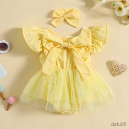 Clothing Sets Lovely Baby Girls Fly Sleeve Romper Two Piece Clothes Set Jacquard Tulle Dress with Headband Toddler Clothing Suit R230815