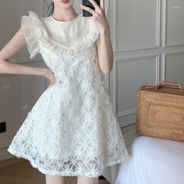 Casual Dresses French Chic Sweet Ruffles Mesh Parel Patchwork Sleeveless O-neck Female Vestidos Elastic High Waist Dress Drop