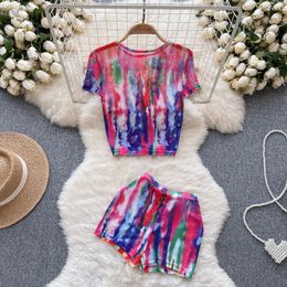 Women's Tracksuits Chic Two Piece Skirt Set Women Color Blocking 2Pieces Skirts Sets High Waist A-line Summer Outfits Tie Dye Streetwear