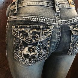 Women's Jeans Lugentolo Women Elasticity Slim Vintage Skull Embroidery Fashion Casual Trousers Female Black Gray Pencil Long 230814