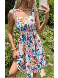 Casual Dresses Summer Women's Sleeveless Style Polyester Material 2023 Fashion Print Sling Waist Pullover Large Swing Dress