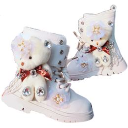 Boots Cute Bear Kids Bling Fashion Princess Chelsea Ankle Children s High Tops Autumn Winter Baby Girls Shoes 27 37 230814