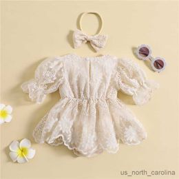 Girl's Dresses Infant Baby Girls Floral Embroidery Romper Dress Princess Sweet Baby Short Sleeve Jumpsuit Summer Rompers and Headband R230815