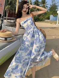 Casual Dresses Women Summer Floral Pattern Print Holiday Dress Vintage Spaghetti Strap A Line Midi Party Lady Chic Sundresses Vestidos