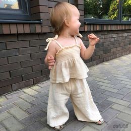 Clothing Sets Baby Girl Muslin Cotton Sets Clothing for Girls Kids Newborn Item Summer Solid Colour Sleveless Short Wide Leg Pants Camisole R230815