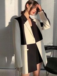 Women's Suits UNXX Women Blazer Contrast Colour Plaid Lapel Single Button Full Sleeve Loose Overcoat Casual Style 2023 Autumn Fashion