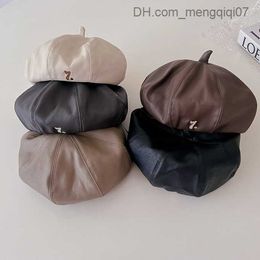 Caps Hats 2023 New Winter PU Leather Children's Beret Elegant Baby Hat Solid Vintage Hat Z230815