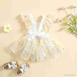 Girl's Dresses Newborn Baby Girl Romper Mesh Dress Sleeveless Floral Bow Decor Playsuits Jumpsuit Infant Princess Summer Clothing Outfits R230815