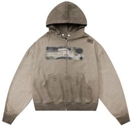 Vintage Zipper Hoodies Coat Streetwear Hip Hop Distressed Zip Washed Hooded Sweatshirt Fashion Cotton Hoodie