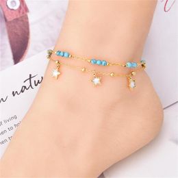 Anklets 316L Stainless Steel Imitation Turquoise Natural Seashells Star Eyes Anklet Ladies Fashion Trend High Jewellery Beach Accessories