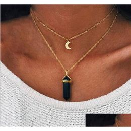 Pendant Necklaces Fashion Natural Gemstone Pendants 18K Gold Necklace Rose Quartz Healing Crystals Double Layer Crescent Jewellery For Dhrae