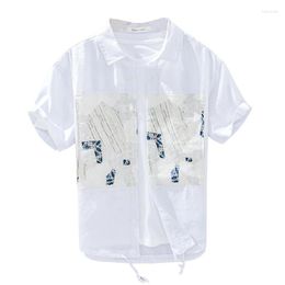 Men's Casual Shirts Summer Short Sleeve Shirt Cotton Linen Japanese Fashion Versatile Print Personalized Patchwork Loose Coat
