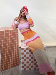 Basic Casual Dresses Y2K Knit Long Dress Women Contrast Colour Sleeve Bodycon Summer Fall Casual Bohemian Female 230815