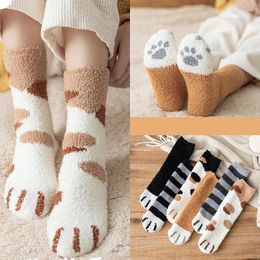 Dog Apparel Kawaii Cartoon White Socks For Women Cute Cat Pattern Female Fleece Warm Funny Home Floor Sleeping