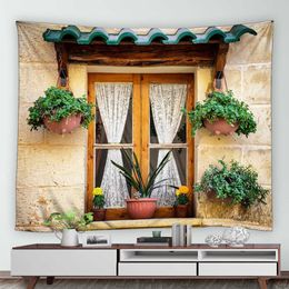 Tapestries Street Flower Scenery Tapestry Blue Wooden Door Floral Plants Nature Landscape Home Garden Decor Wall Hanging Picnic Mat