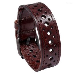 Bangle Men Genuine Leather Wide Cuff Cowhide Bracelets Male Vintage Punk Style Hollow Out Design Wristband Jewellery Small Gifts