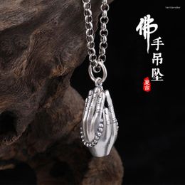 Pendant Necklaces Retro Silver Colour Bright Matte Buddha Hand Necklace Long Chain Both Men And Women Can Wear It On A Daily Basis Jewellery