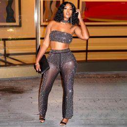 Women's Pants 2 Pieces Set Sets Black Shiny Rhinestones Strapless Crop Top And See Through Straight Trouser Elegant Outfits