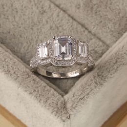 New S925 Sterling Silver Vintage Square Zircon Full Diamond Ring, European and American Simple Proposal Ring for Men and Women