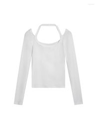 Women's T Shirts U-neck Hanging Neck White Long Sleeved T-shirt Spring Autumn Leisure Young Girl Sexy Slim Fit Pullover Tee