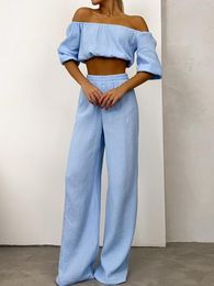 Women's Two Piece Pants Fashion Solid 2 Set Female Off Shoulder Short Puff Sleeve Crop Tops Straight Maxi Outfits Women Casual Simple Suits