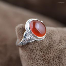 Cluster Rings FNJ 925 Silver Red Agate Ring For Women Jewellery Original Pure S925 Sterling Ruby Flower Pattern