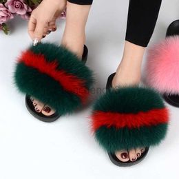 Slippers Real Fox Fur Slides Plus Size Summer 2021 Open Toe Fluffy Real Hair Slippers Casual Black Slip On Flip Flops Furry Shoes X230519