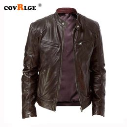 Men's Jackets Covrlge Spring Men's Stand-up Collar Slim Leather Jacket Zipper Pocket Decorative PU Coat Biker Men Clothes Casual Male MWP085 230814