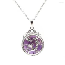 Pendant Necklaces FYJS Unique Silver Plated Chinese Dragon Wrap Hollow Amethysts Stone Link Chain Necklace Inspiration Jewellery